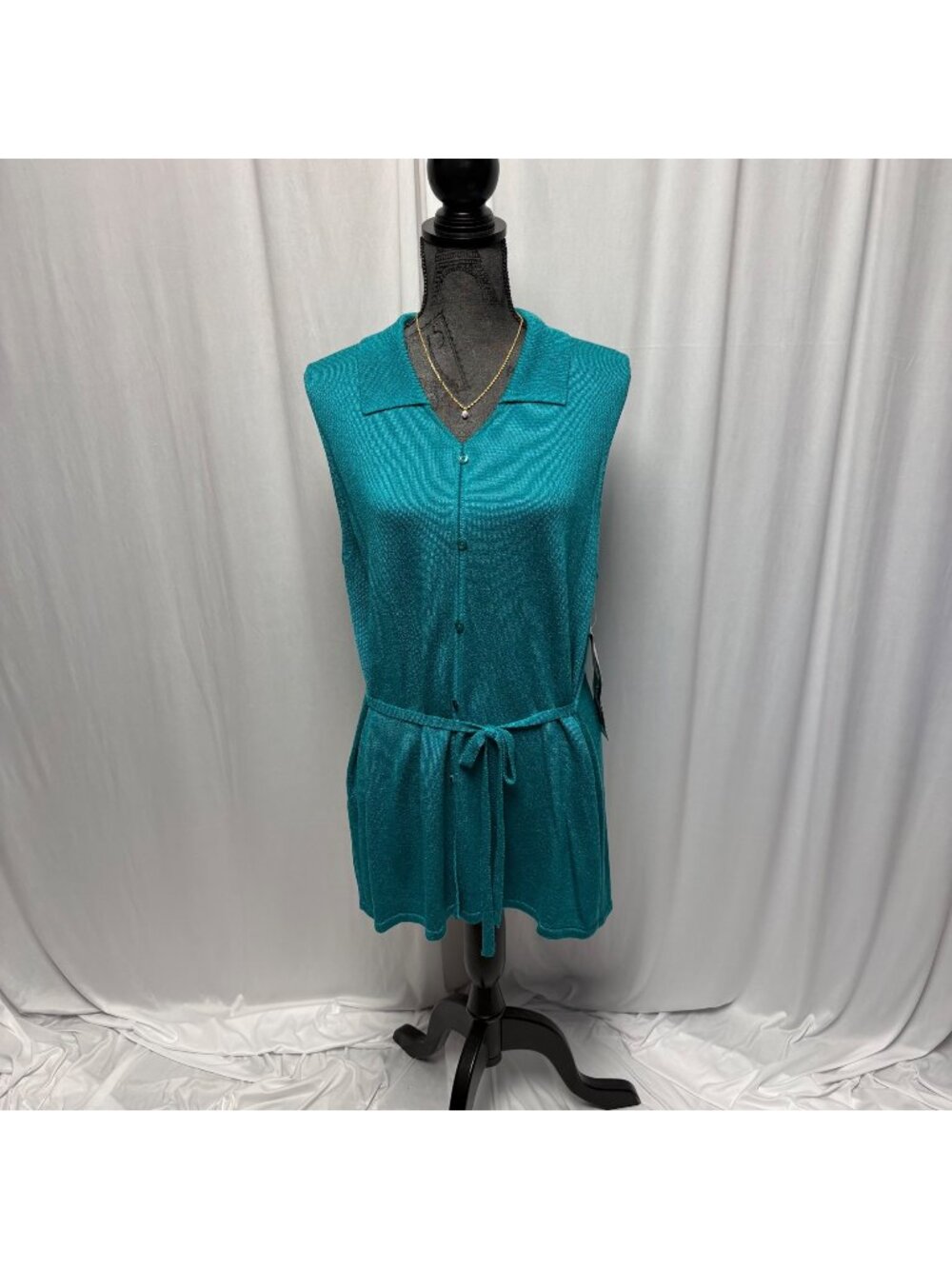 Sag Harbor Womens XL Teal Sleeveless Button Front Belted Tunic Sweater Vest NEW